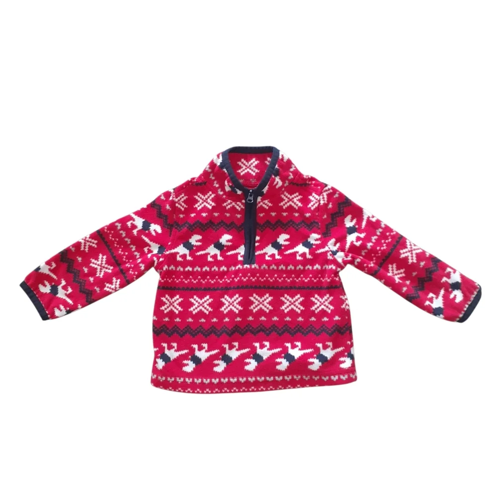 OshKosh B'gosh Red White Dinosaur Christmas Zip Up Pullover Fleece Sweatshirt